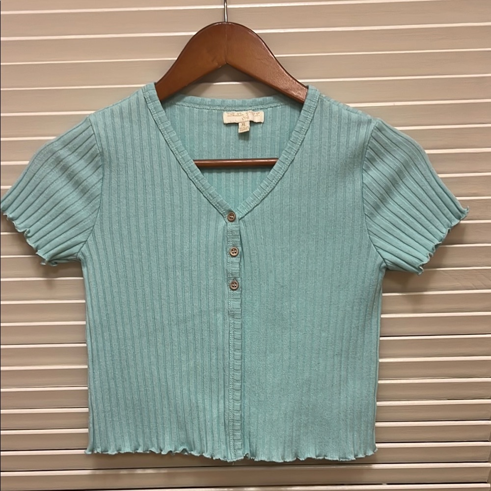 Chelsea & Violet Ribbed Button-Up Top in Pale Green, Size XLarge, EUC